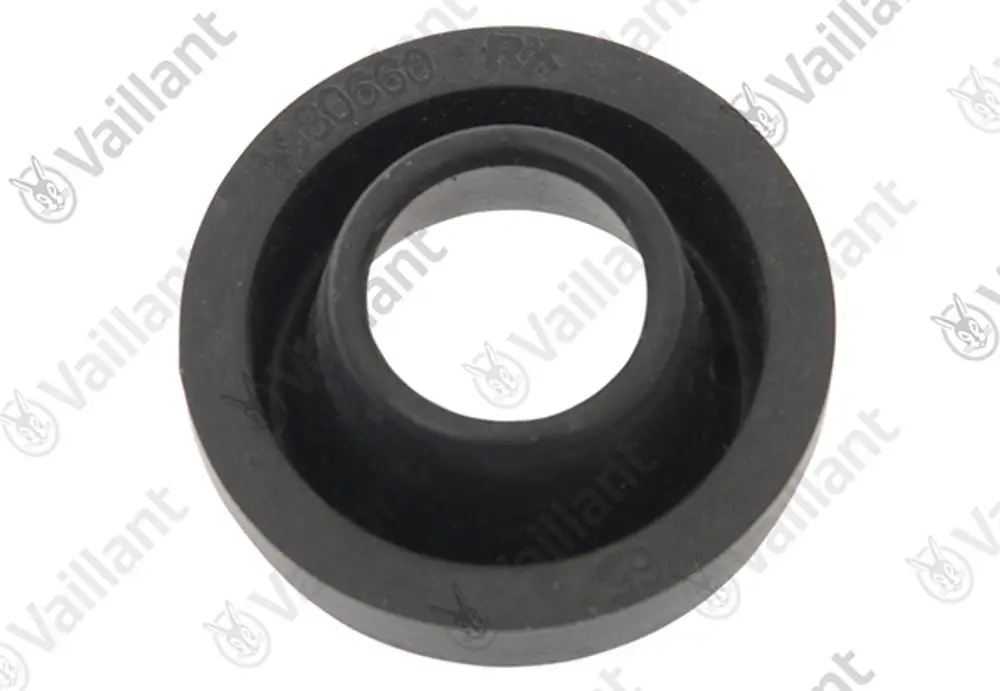 Schwarze Gummidichtung mit zentralem Loch, hergestellt von Vaillant, zur Verwendung in Heizsystemen.